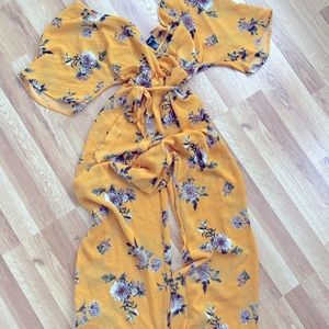 Yellow Floral Print Belted Wide Leg Jumpsuit